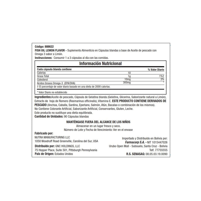 Aceite De Pescado Gnc Sabor Limón X 90 Capsulas Blandas