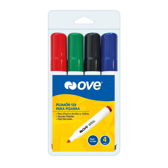 Plumón 123 Ove Para Pizarra  Azul /Rojo /Negro /Verde) X 4 Unidades