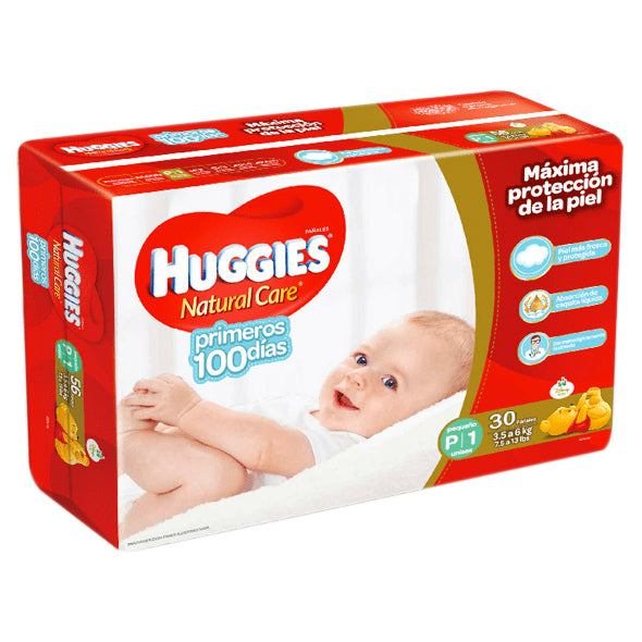 Pañales Natural Care Primeros 100 Días Huggies Talla P 3.5 A 6Kg X 30 Unidades