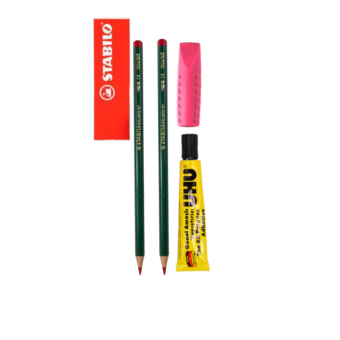 Stabilo 2 Lapices Color Rojo+Tajador+Uhu 7Ml+Borrador