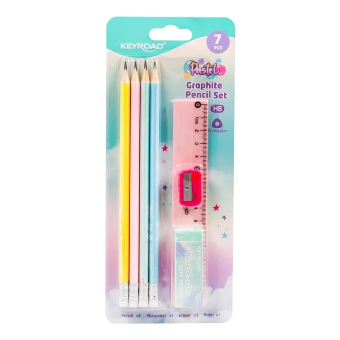 Grafito Hb Keyroad Lap Triangular Pastel  + Goma + Tajador + Regla Set X 4 Unidades