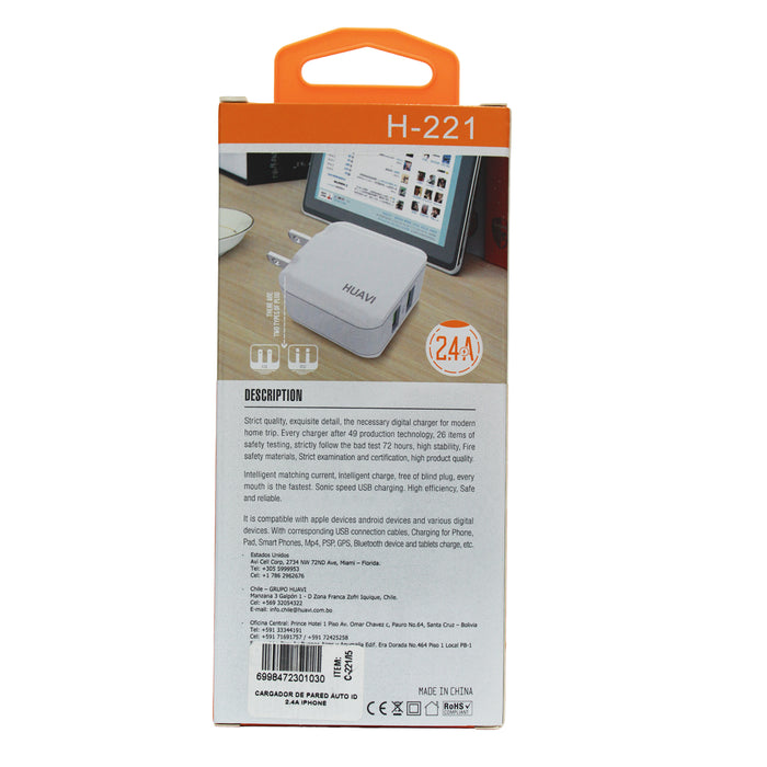 Huavi C-221 Iphone Cargador De Pared 2.4A