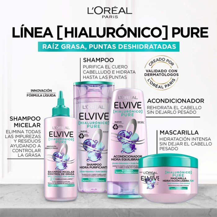 Shampoo Elvive Hialurónico Pure - Raíz Grasa Puntas Deshidratadas X 370Ml