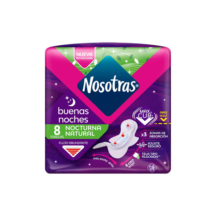 Toallitas Femeninas Nosotras  Nocturna Natural Flujo Abundante X 8 Unidades