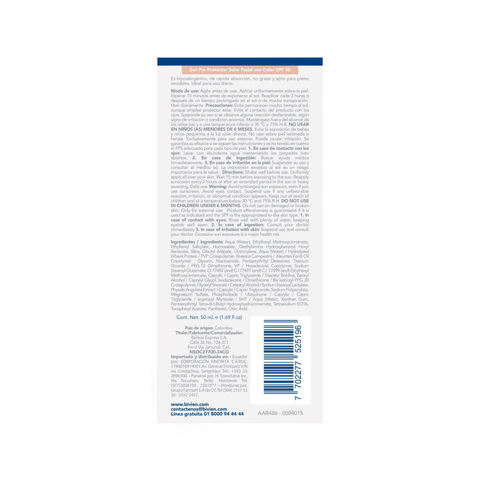 Protector Solar Facial Sunpro Crema Con Color Spf 50 X 50Ml