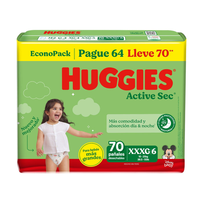 Pañales Huggies Active Sec Talla Xxxg Verde X 70 Unidades