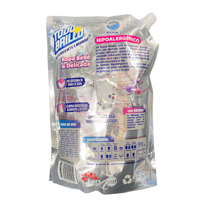 Detergente Todo Brillo Líquido Ropa Bebe Delicada Doypack X 800Ml