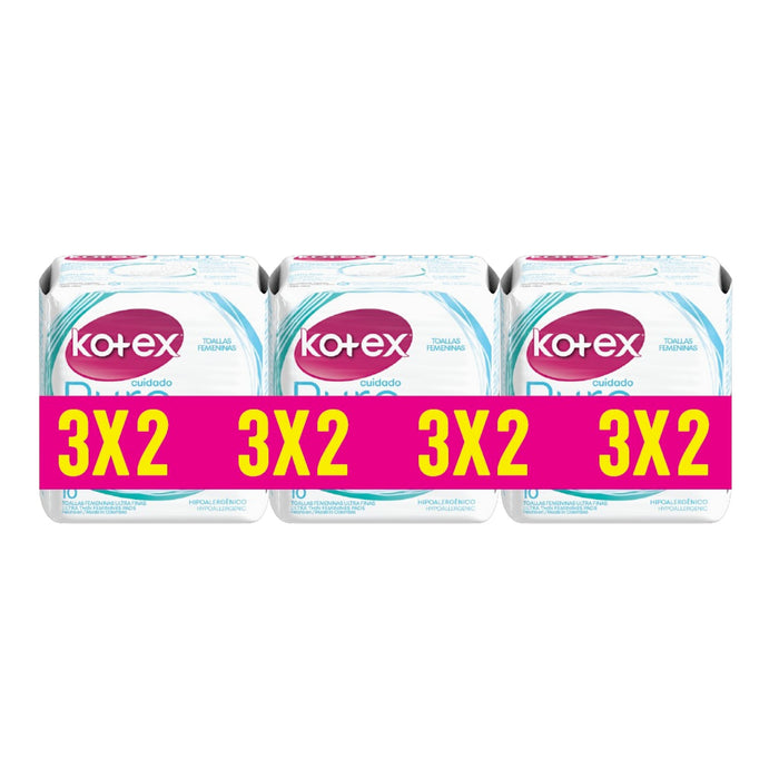 Toallitas Femeninas Kotex Tripacks Cuidado Puro 3 X 10 Unidades