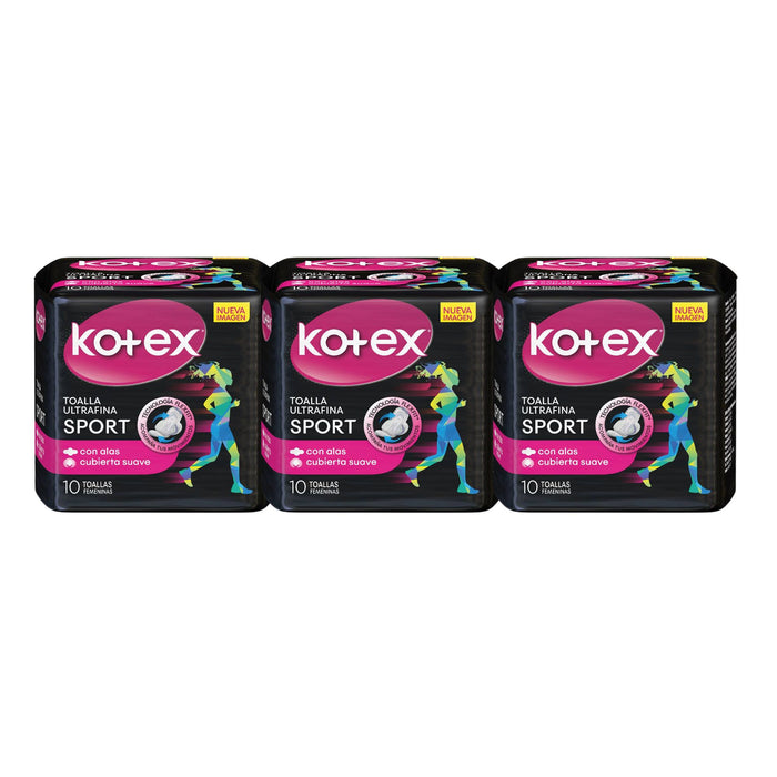 Pack Kotex Sport Con Alas 3 X 10 Unidades