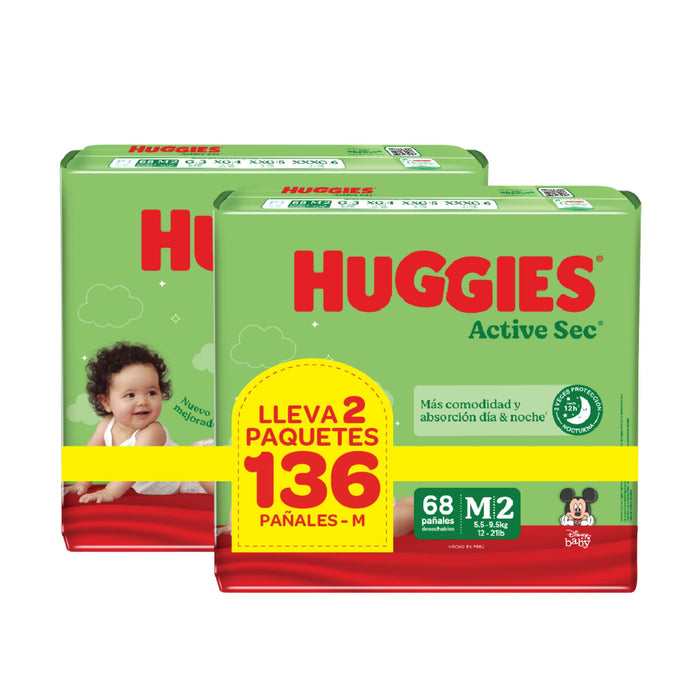 Pack Pañales Huggies Active Sec Talla M 2 X 68 Unidades