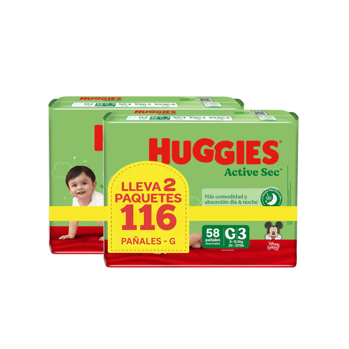 Pack Huggies Pañal Active Sec G 2 X 58 Unidades