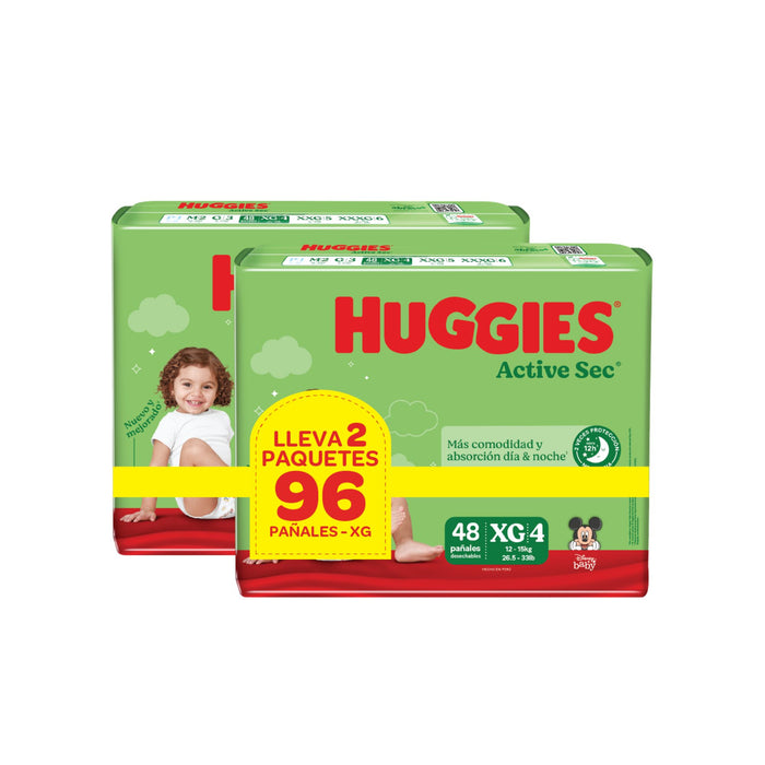 Pack Huggies Pañal Active Sec Xg 2 X 48 Unidades