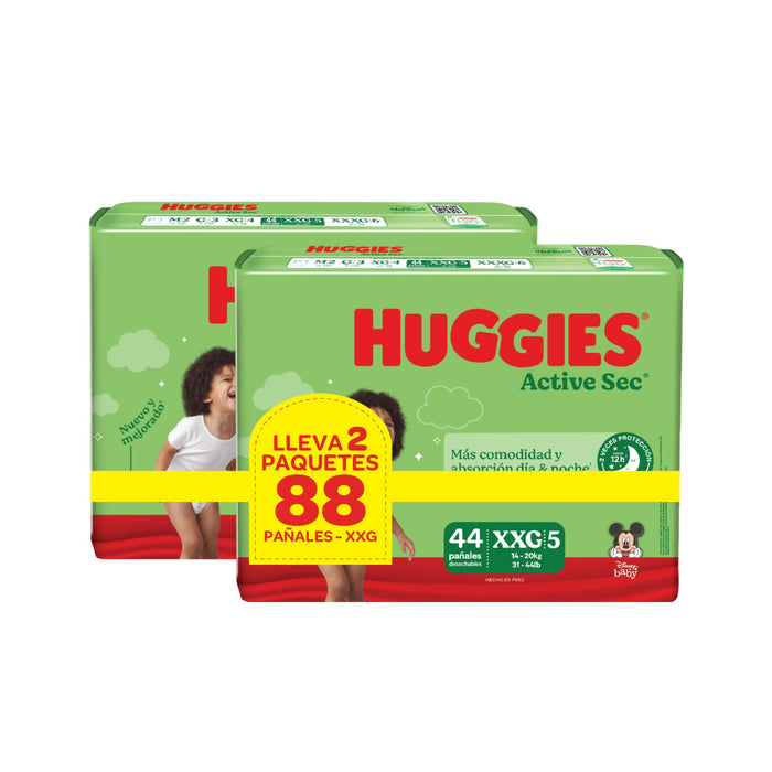 Pack Huggies Pañal Active Sec Xxg 2 X 44 Unidades