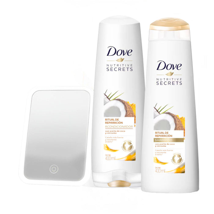 Pack Dove Shampoo / Acondicionador Ritual Reparador Coco + Espejo Led