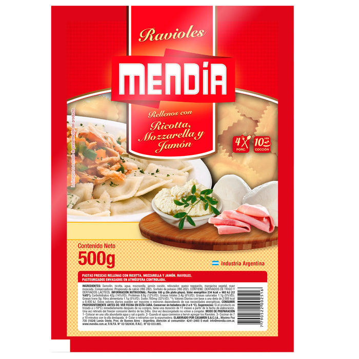 Mendia Ravioles Mozzarella Y Jamon X 500G