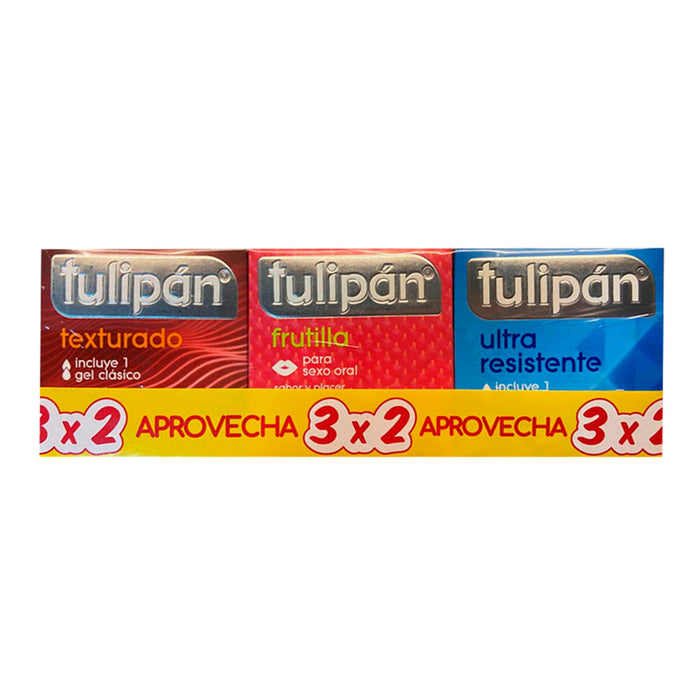 Tripack Preservativo Tulipan Texturado+Frutilla+Ultra Resistente