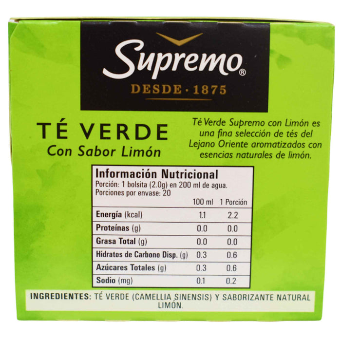 Té Supremo Verde Con Sabor Limón X 20 Unidades