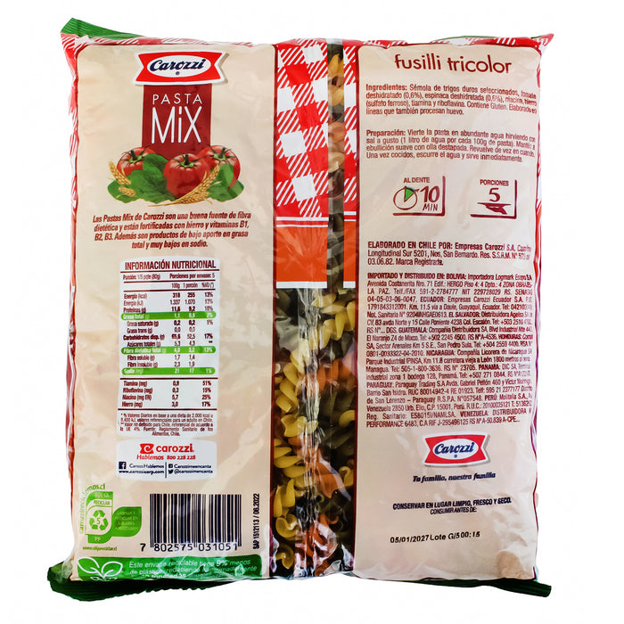 Carozzi Pasta Mix Fusilli Tricolor Bolsa X 400G