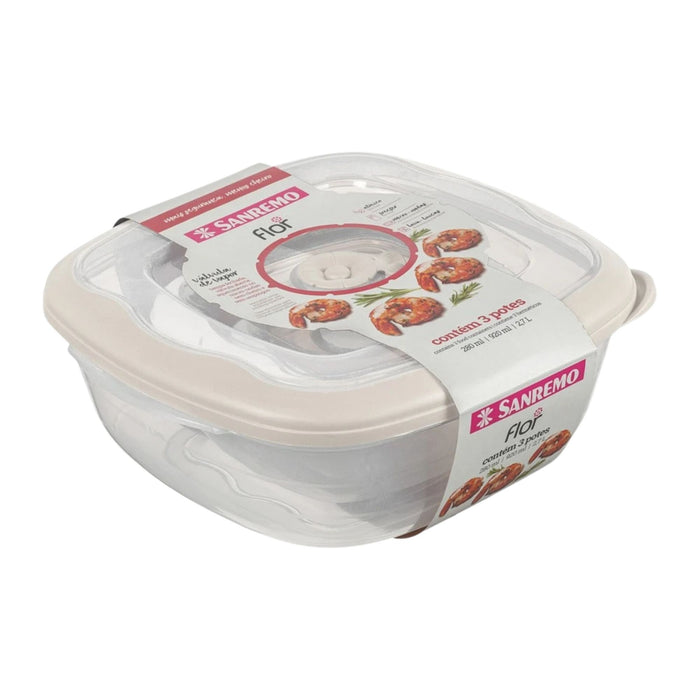 Juego 3 Recipientes Sanremo Herméticos Cuandrado Beige