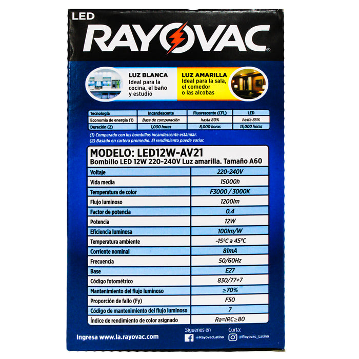 Rayovac Focos Led 12W Luz Amarilla X Unidad