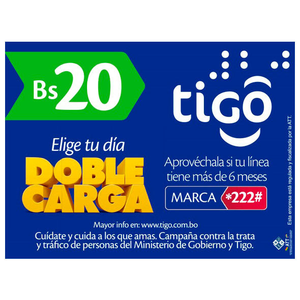 Tigo Tarjeta Prepago 20Bs X Unidad