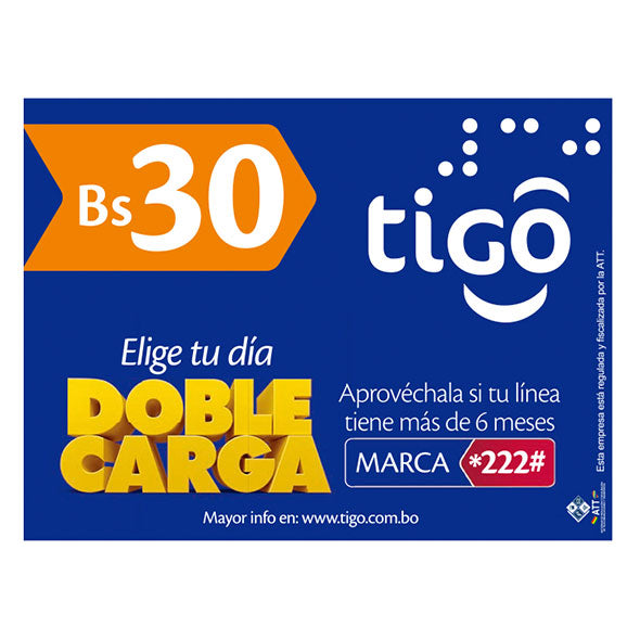 Tigo Tarjeta Prepago 30Bs X Unidad