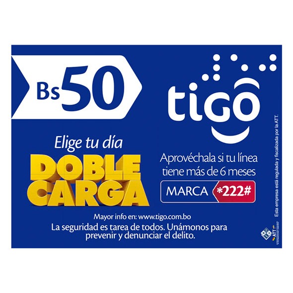 Tigo Tarjeta Prepago 50Bs X Unidad